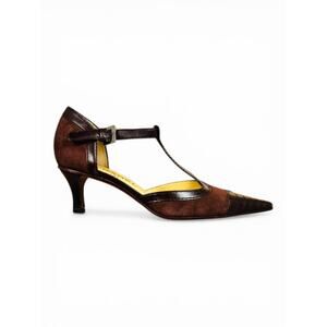 Chanel 2003 Karl Lagerfeld Brown Suede T-Strap Pumps EU 37.5 Pointed CC Logo